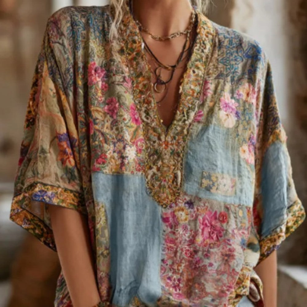 Boho Patchwork V-Neck Blouse - Loose Fit Casual Top