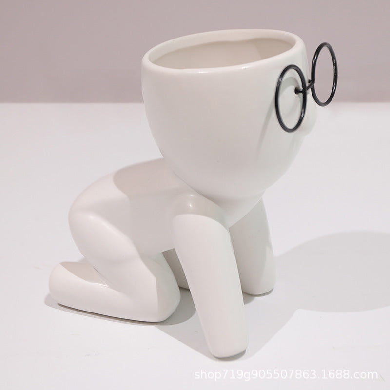Quirky Ceramic Figure Flower Pots with Glasses - Cartoon Planters