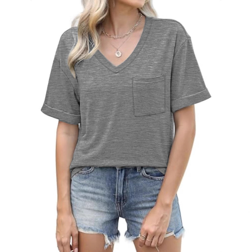Casual V-Neck Pocket Tee - Loose Fit Short Sleeve T-Shirt