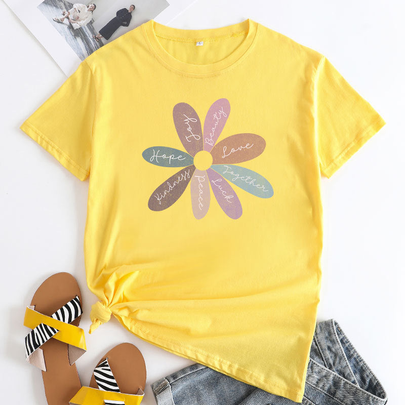 Bright Daisy Graphic Tee - Casual Round Neck Short Sleeve