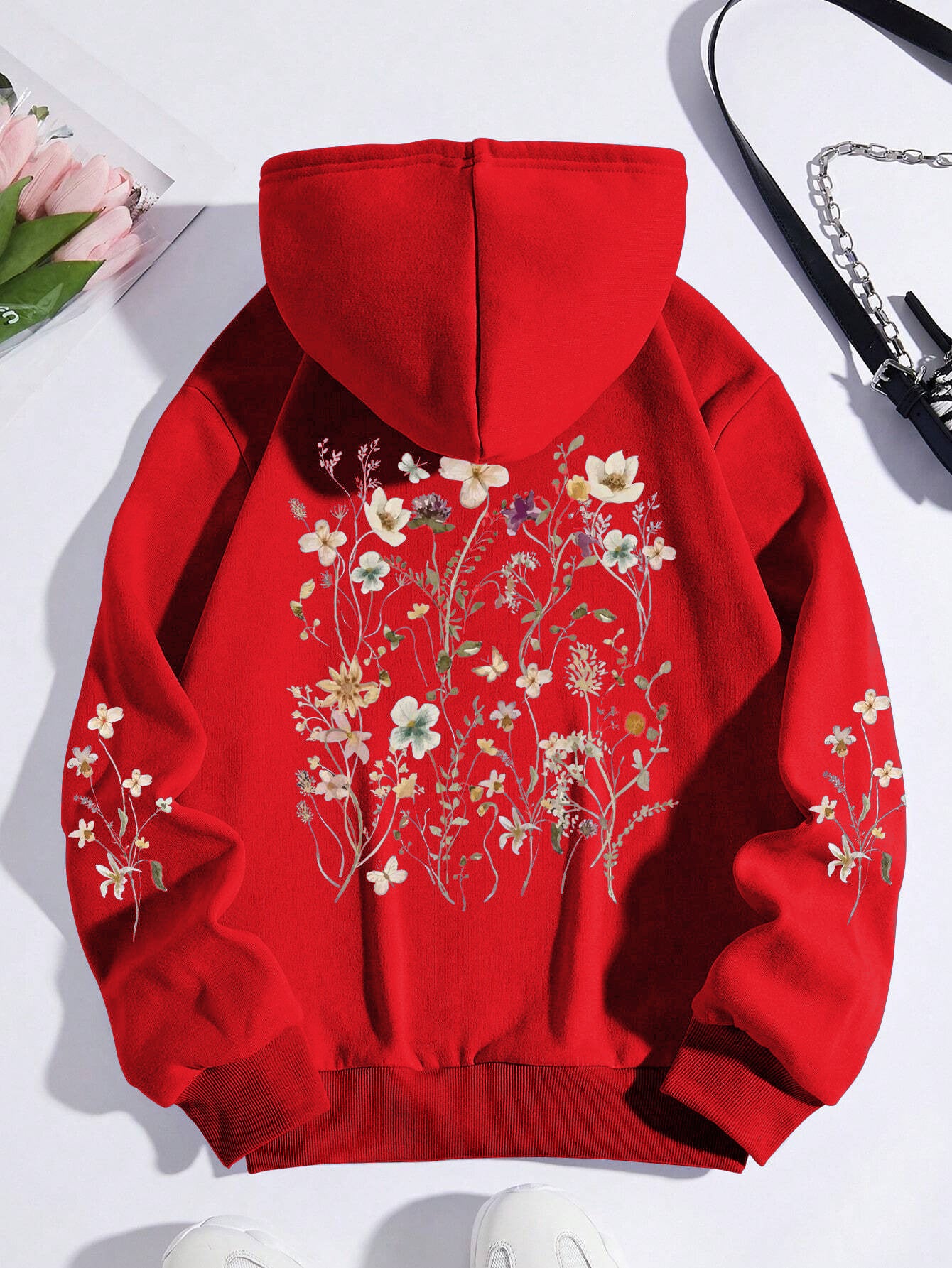 Women's Floral Print Hoodie Sweatshirt - Casual Pullover with Pocket