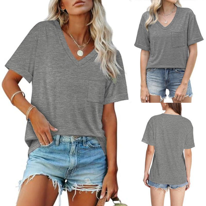 Casual V-Neck Pocket Tee - Loose Fit Short Sleeve T-Shirt