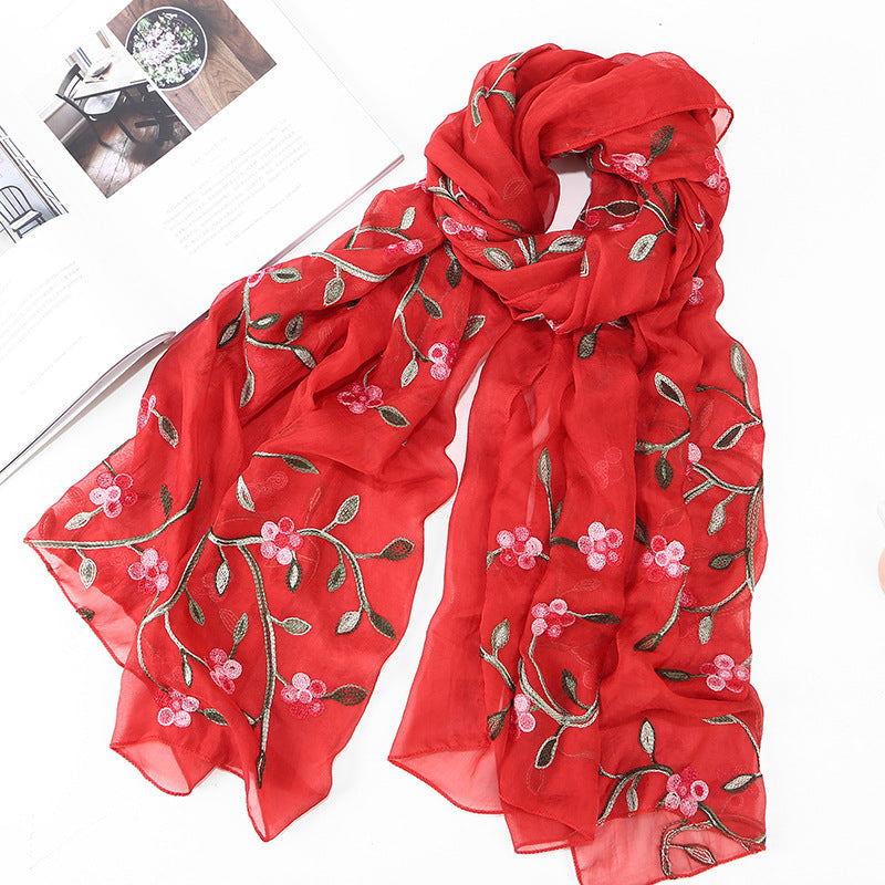 Embroidered Floral Chiffon Scarf - Lightweight Shawl & Wrap