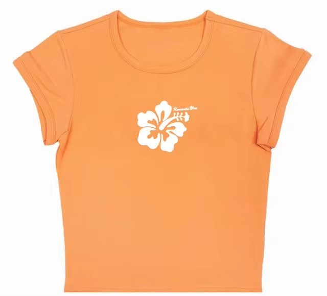 Retro Hibiscus Flower Print Short Sleeve Tee - Casual Y2K Summer Top