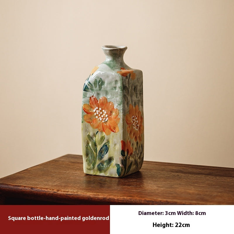 Hand-Painted Ceramic Flower Vase - Square & Bottle Style Decorative Vessels