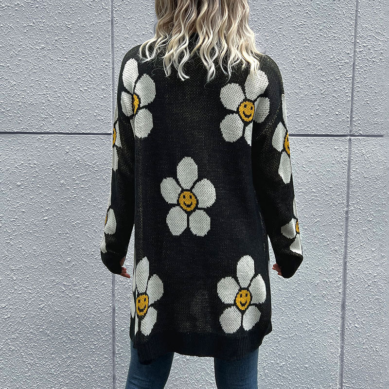 Women's Daisy Print Long Sleeve Cardigan Sweater