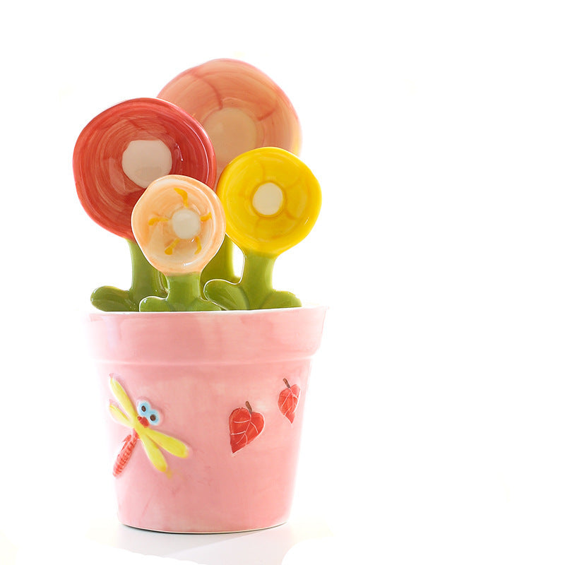 Ceramic Flower Measuring Spoon Set with Pot Holder - 4-Piece Decorative Kitchen Utensils