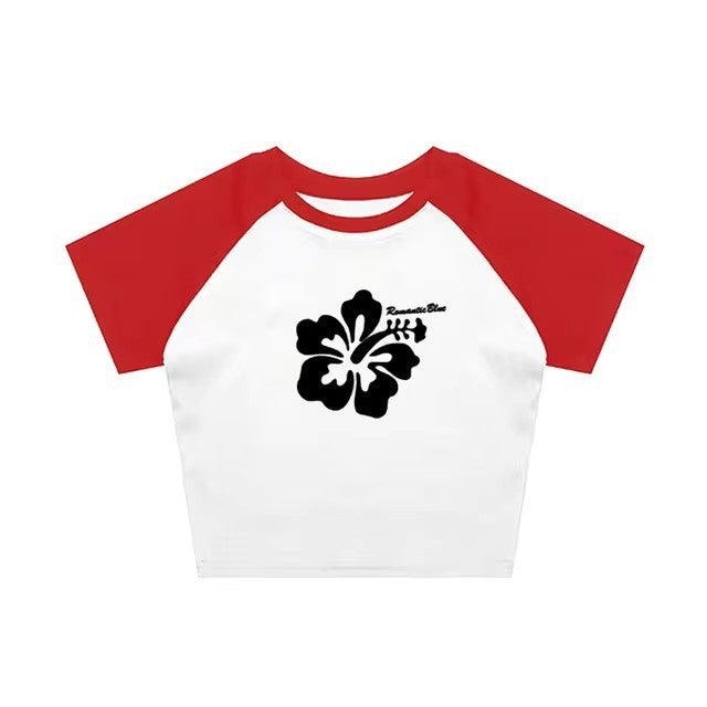 Retro Hibiscus Flower Print Short Sleeve Tee - Casual Y2K Summer Top