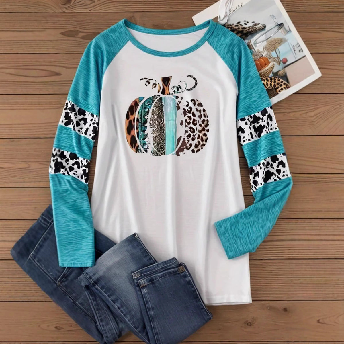 Blue Pumpkin Patchwork Raglan Tee - Women's Fall Long Sleeve Graphic Shirt