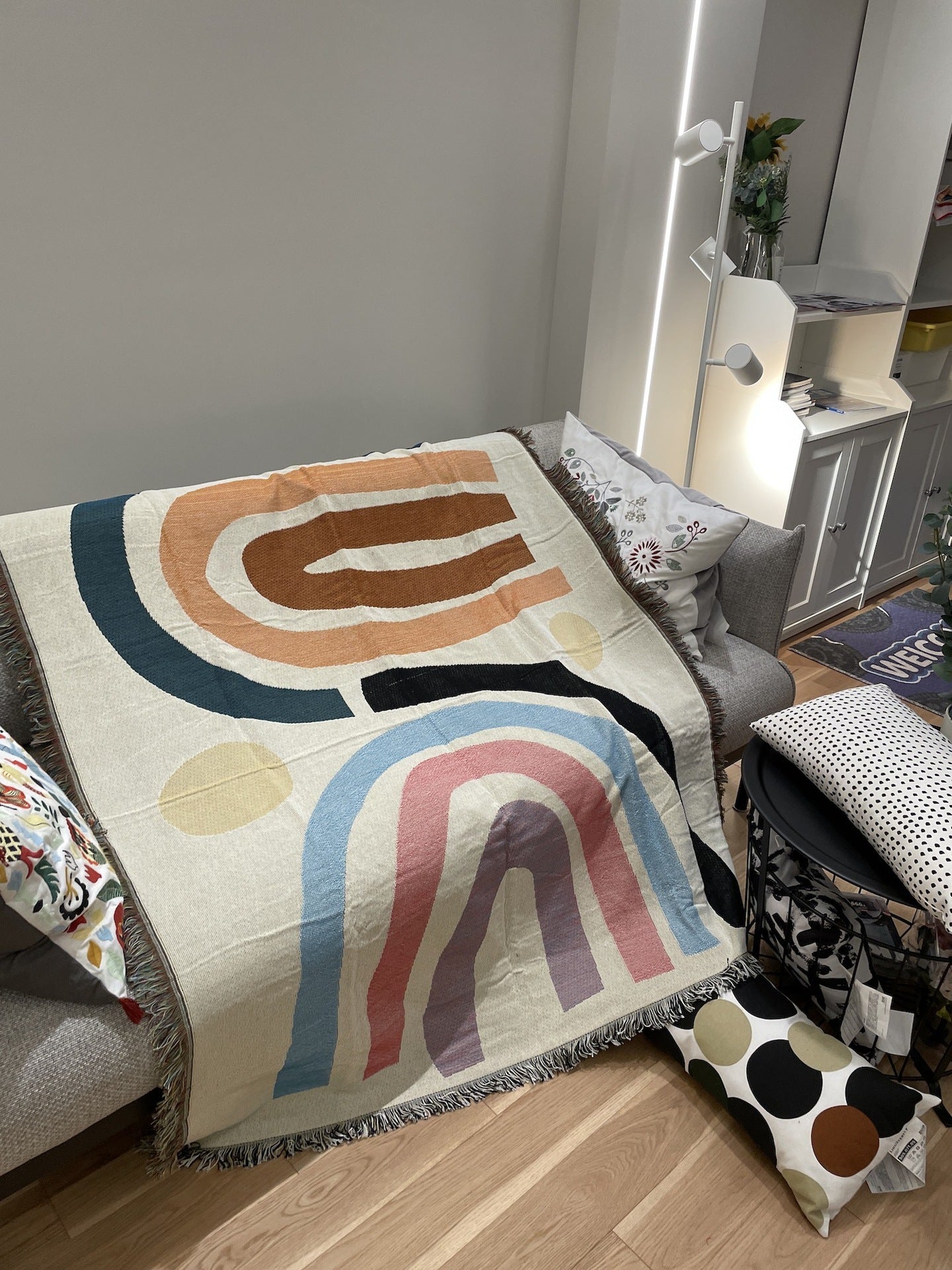 Modern Minimalist Rainbow Throw Blanket - Geometric Boho Cotton Sofa Cover