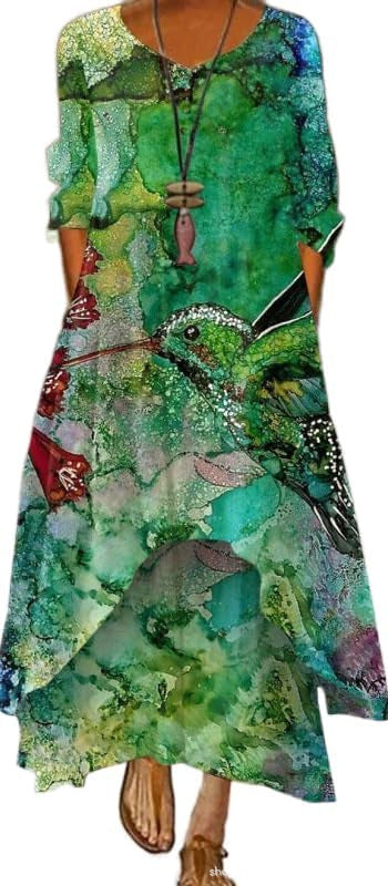 Boho Floral & Abstract Maxi Dress - Irregular Hem, Casual Loose Fit