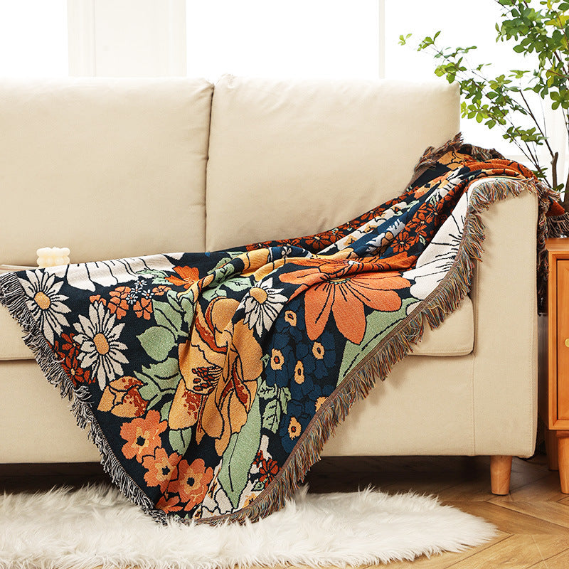 Floral Cotton Sofa Throw Blanket - Multi-Use Boho Tapestry for Couch, Bed, or Picnic