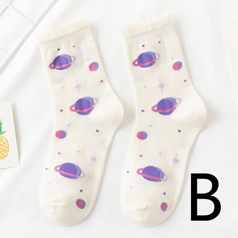 8-Pair Whimsical Floral & Patterned Cotton Sock Set - Cute Jacquard Crew Socks