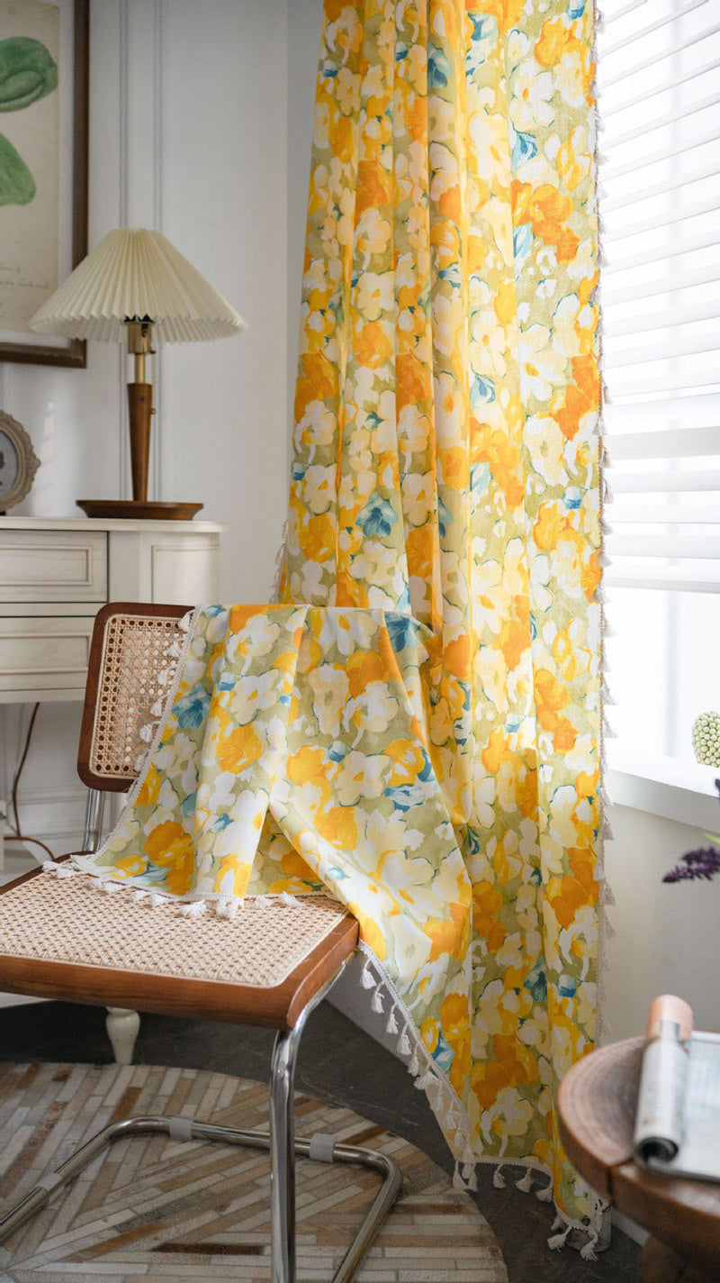 Floral Garden Print Cotton Curtains - Semi-Sheer Light Filtering Panels