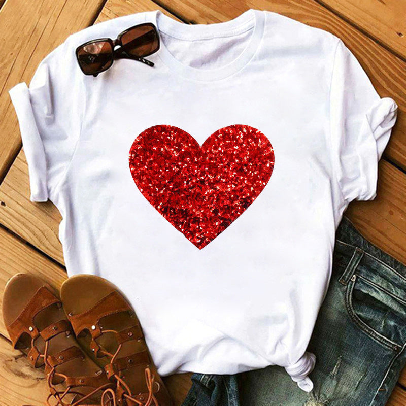 Women's Heart Print Graphic T-Shirt - Casual Valentine's Day Top