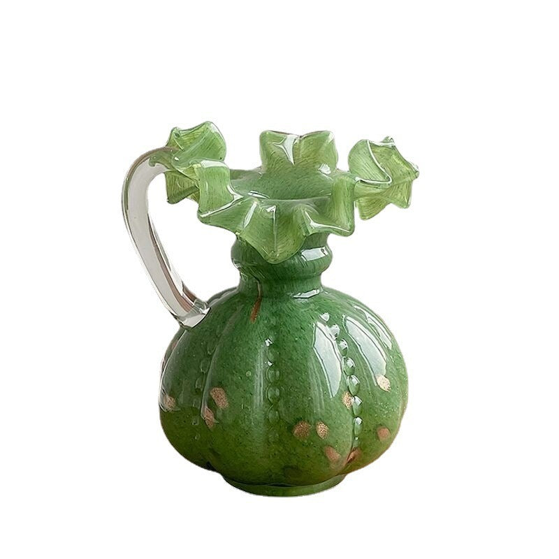Green Glass Floral Vase - Handcrafted Pleated Lace Design