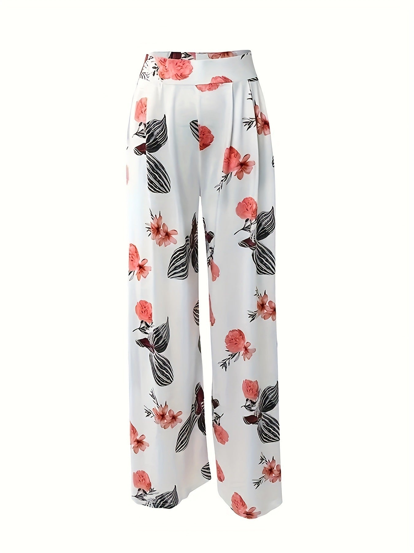 Women's Boho Floral Wide Leg Trousers - High Waist Loose Fit Pants
