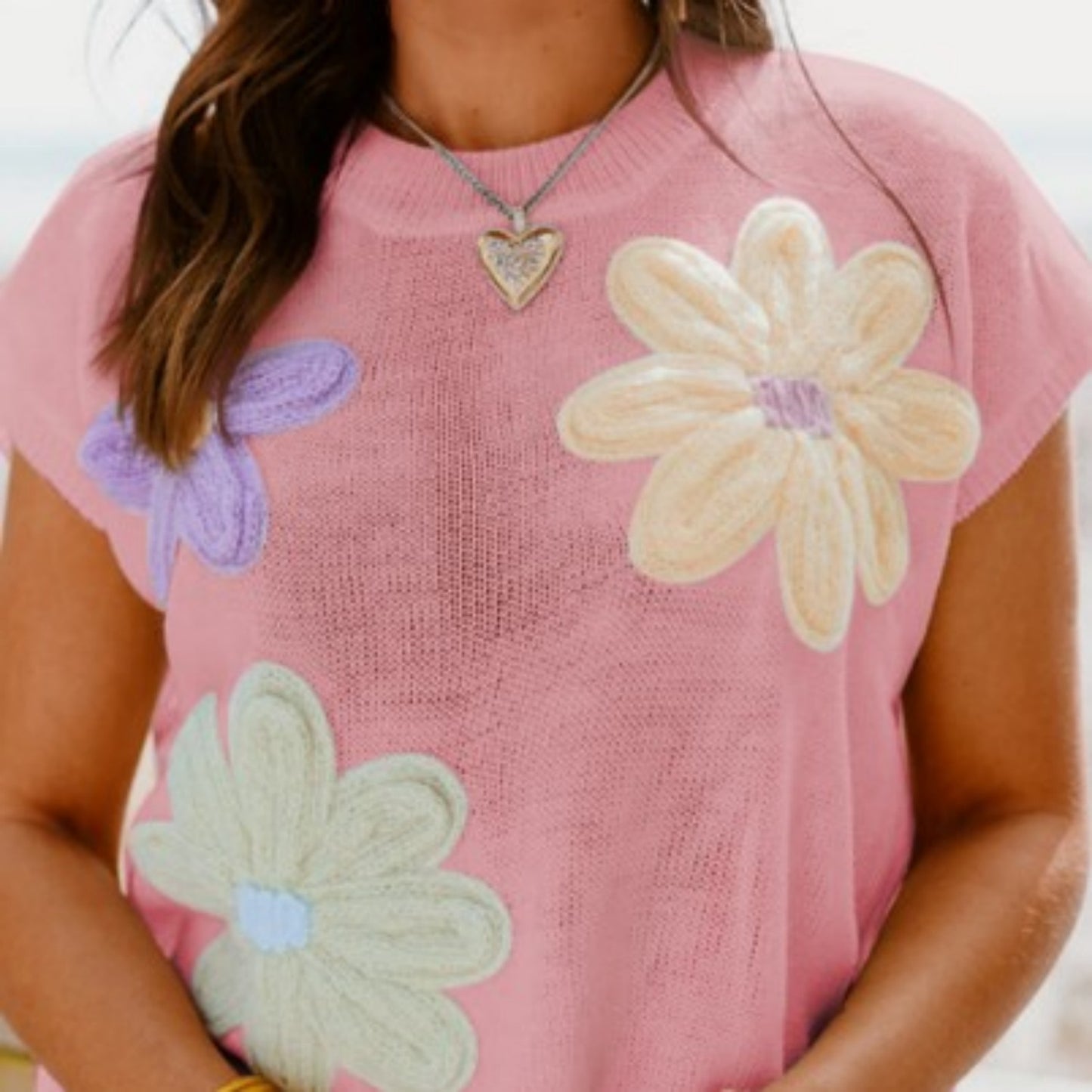 Retro Pink Knit Tank with Colorful Crochet Flower Design - Sleeveless Cotton Top