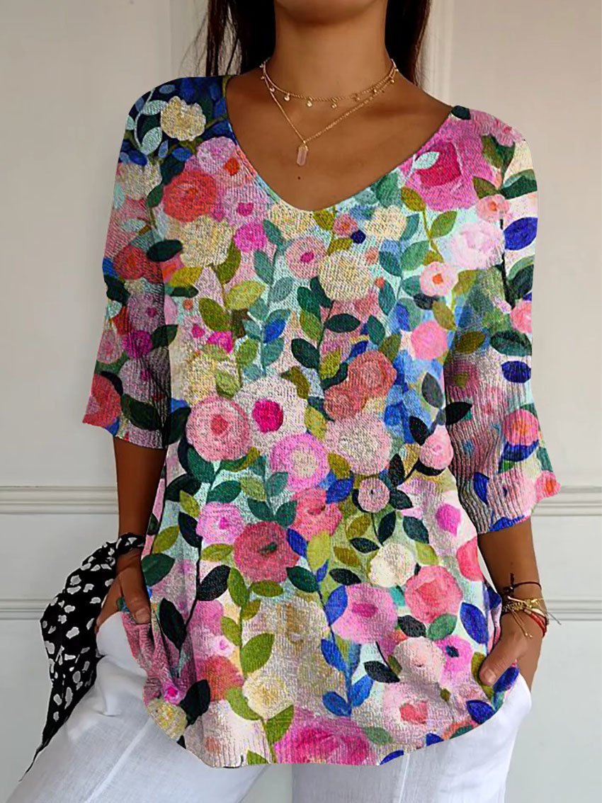 Women's V-Neck Long Sleeve Loose Top - Casual Graphic & Printed Blouse