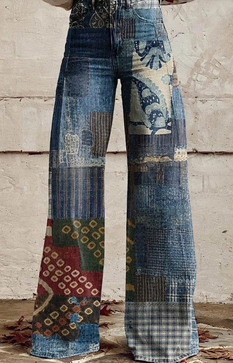 Boho Patchwork Wide Leg Jeans - Retro High Rise Festival Pants