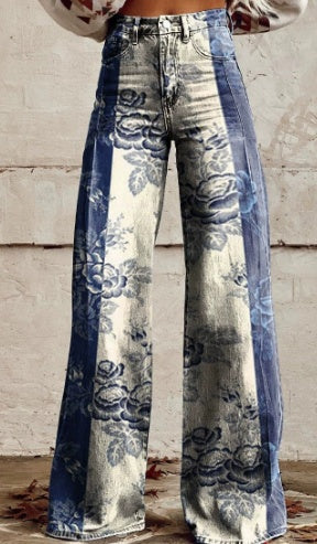 Vintage Rose Print Wide Leg Jeans - Boho Floral Statement Denim