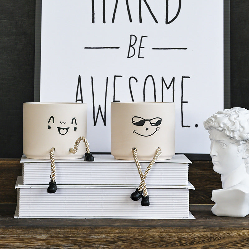 Cute Ceramic Face Flower Pot with Legs - Mini Planter Home Decor