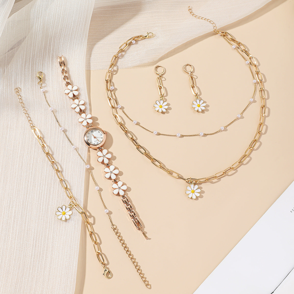 Women's Daisy Charm Watch & Jewelry Gift Set - 6-Piece Flower Accessory Box