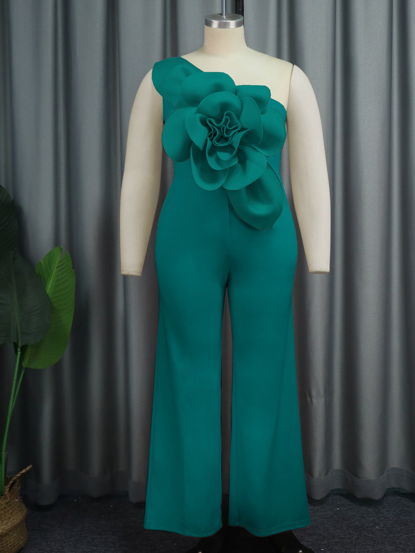3D Flower Statement Jumpsuit - Elegant One-Shoulder Wide-Leg Romper