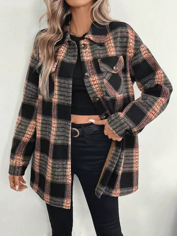 Women's Black Plaid Shacket - Plush Button-Up Long Sleeve Shirt Jacket