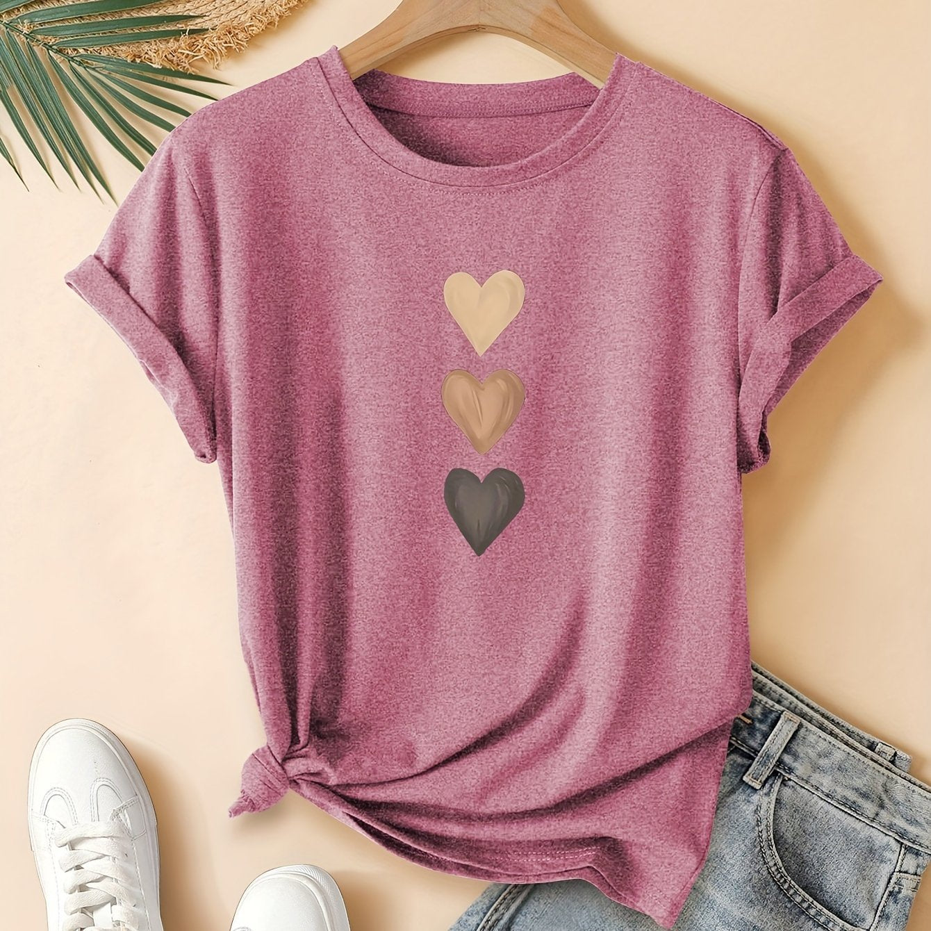 Three Heart Graphic Tee - Women's Casual Cotton Short Sleeve T-Shirt
