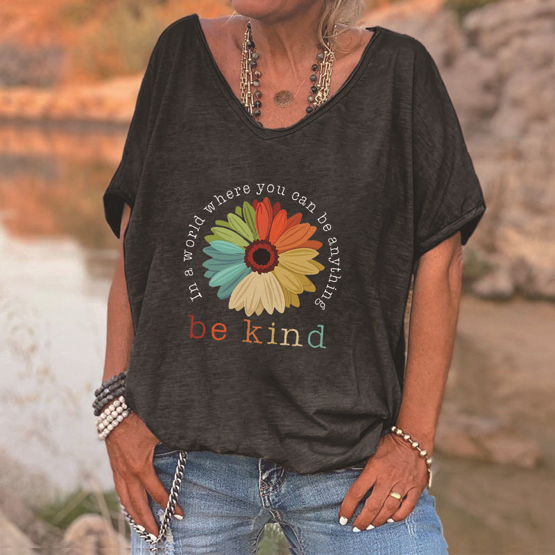 "Be Kind" Flower Graphic V-Neck T-Shirt - Loose Fit Casual Top
