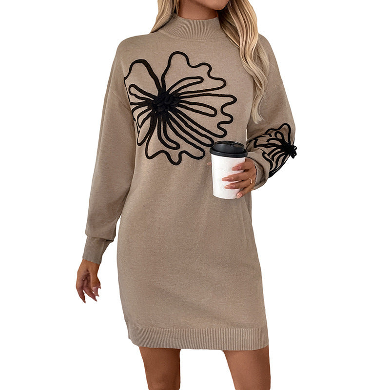 Women's Half Turtleneck Sweater Dress - Oversized Knit with Floral Print