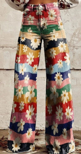 Retro Rainbow Daisy Wide Leg Pants - 70s Hippie Style