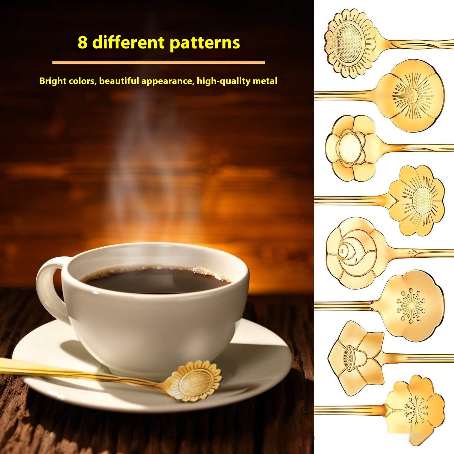 8-Piece Stainless Steel Flower Spoons - Coffee & Dessert Teaspoon Set (Gold, Silver, or Rainbow)