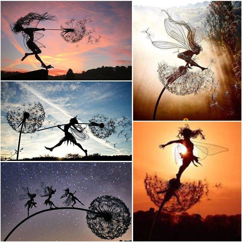 Metal Fairy Garden Sculpture - Dancing Elves with Dandelions