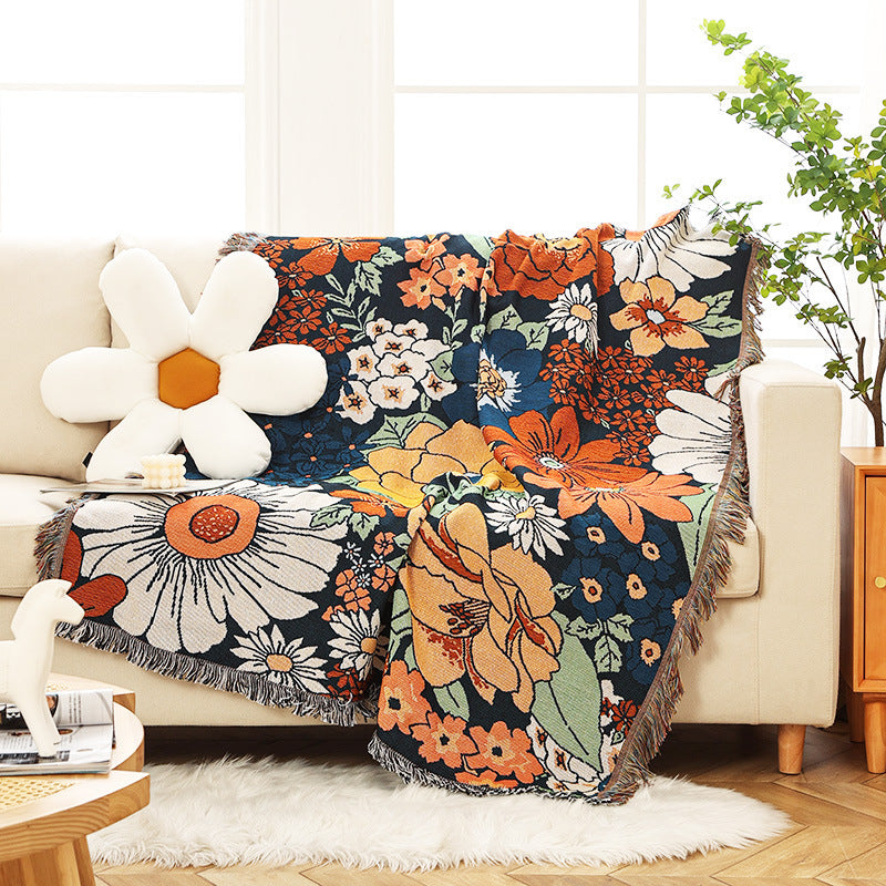 Floral Cotton Sofa Throw Blanket - Multi-Use Boho Tapestry for Couch, Bed, or Picnic