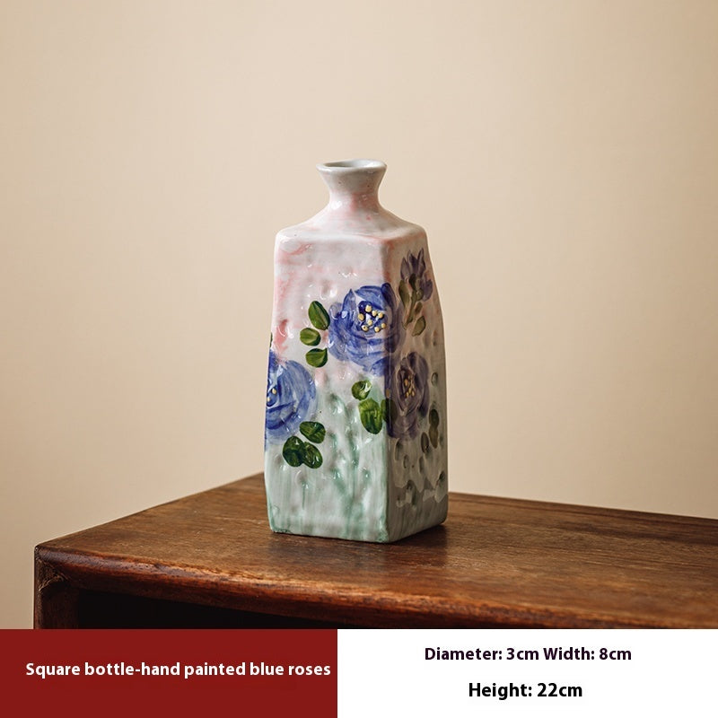 Hand-Painted Ceramic Flower Vase - Square & Bottle Style Decorative Vessels