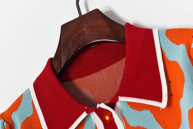 Retro Flower Print Knit Polo Sweater - Short Sleeve Cropped Top (S-L)