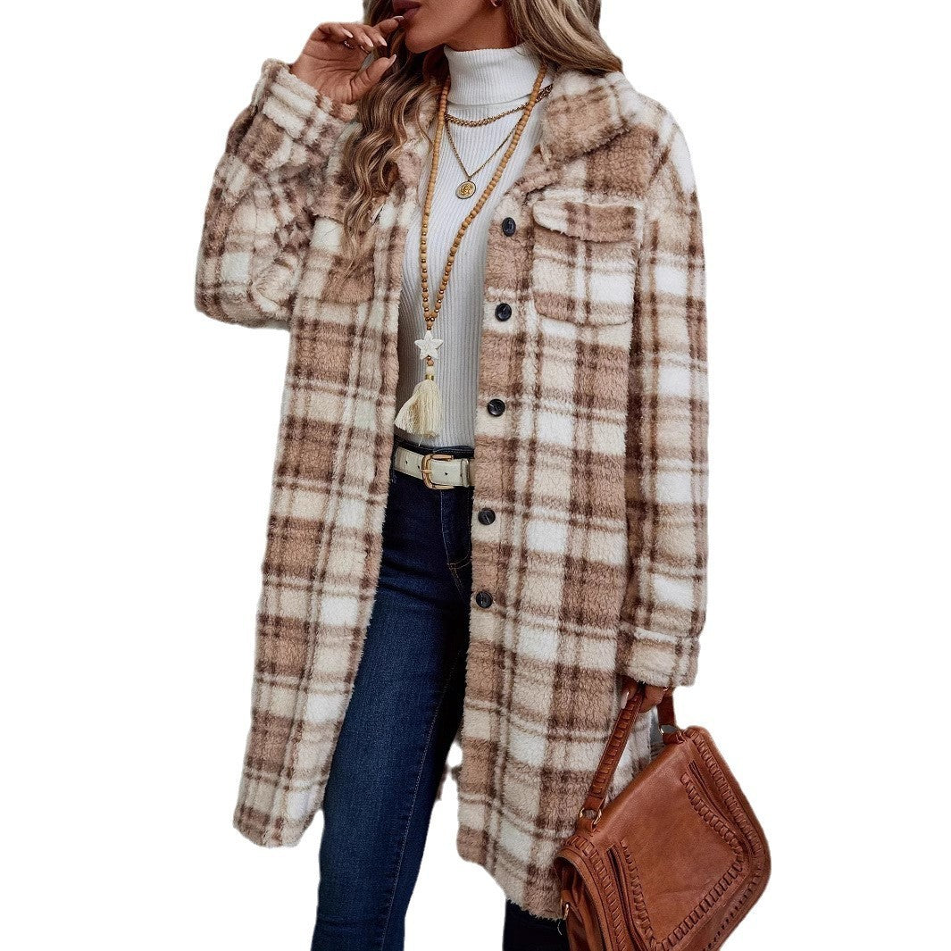 Women's Plaid Longline Shacket - Camel Button-Up Cardigan Jacket