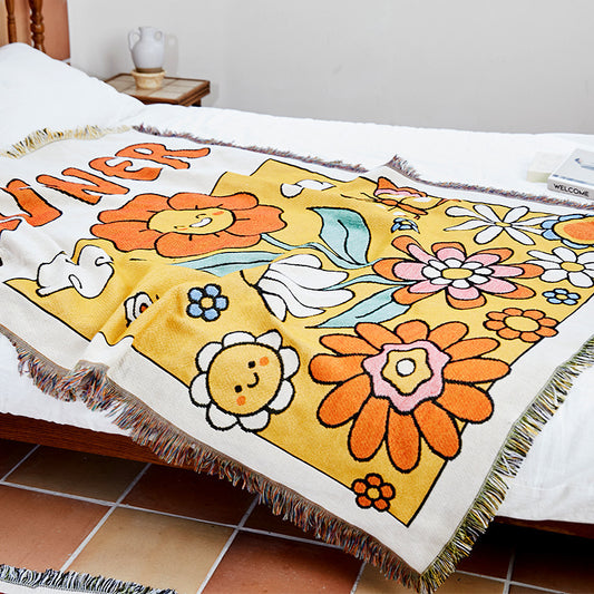 Boho Retro Woven Blanket - 70s Flower & Space Pattern Throw | Picnic, Camping, or Home Decor