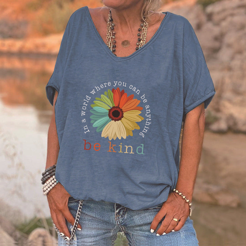 "Be Kind" Flower Graphic V-Neck T-Shirt - Loose Fit Casual Top