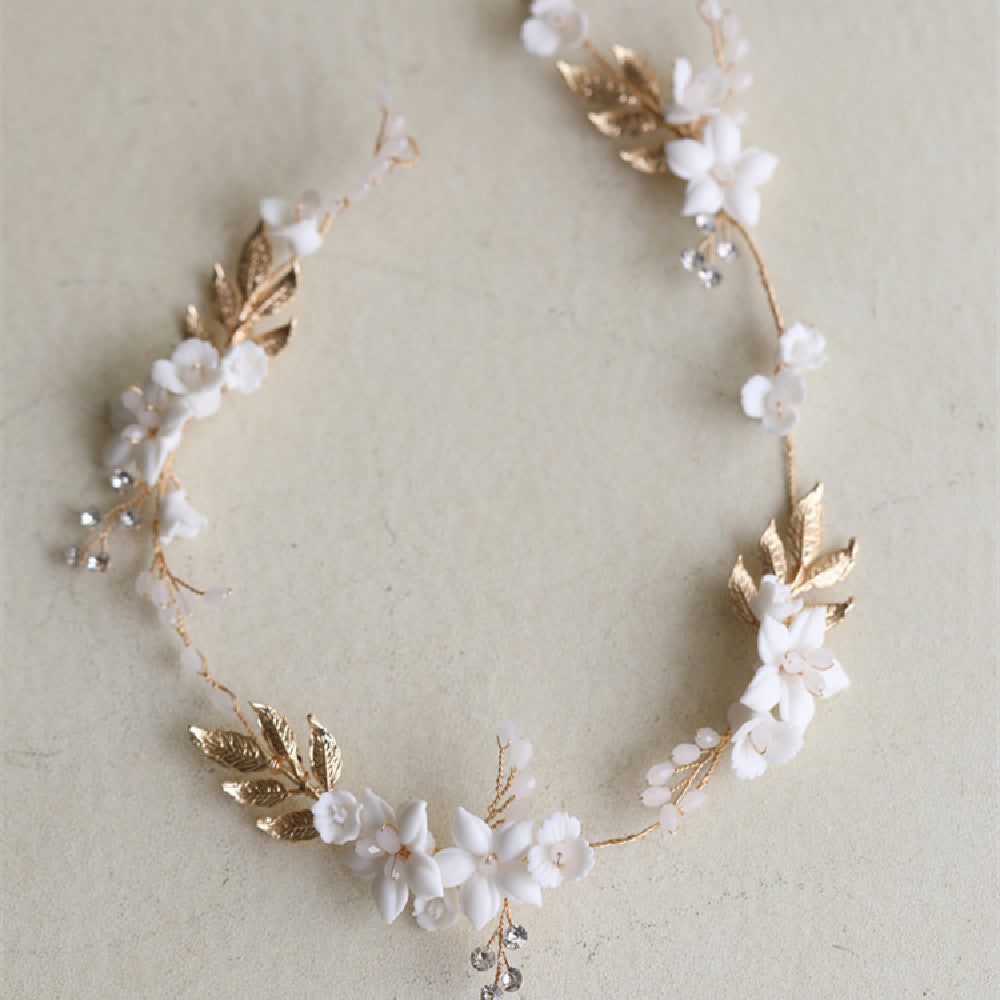 Bridal Flower Crown Headband - Elegant Gold & White Floral Hair Hoop