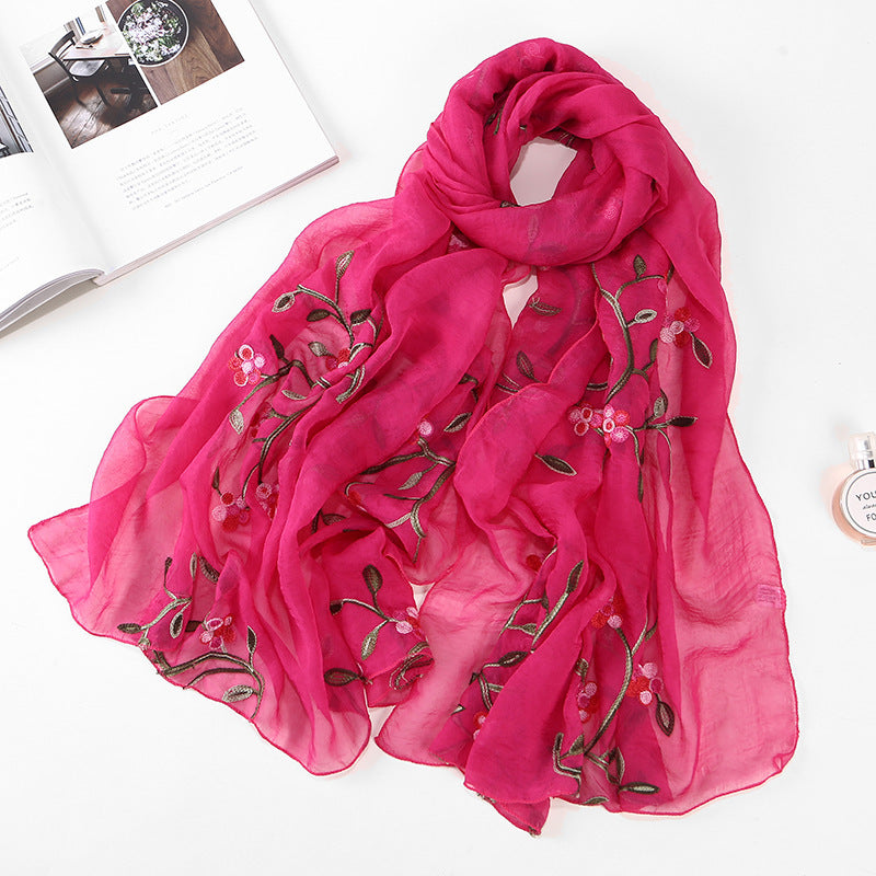 Embroidered Floral Chiffon Scarf - Lightweight Shawl & Wrap