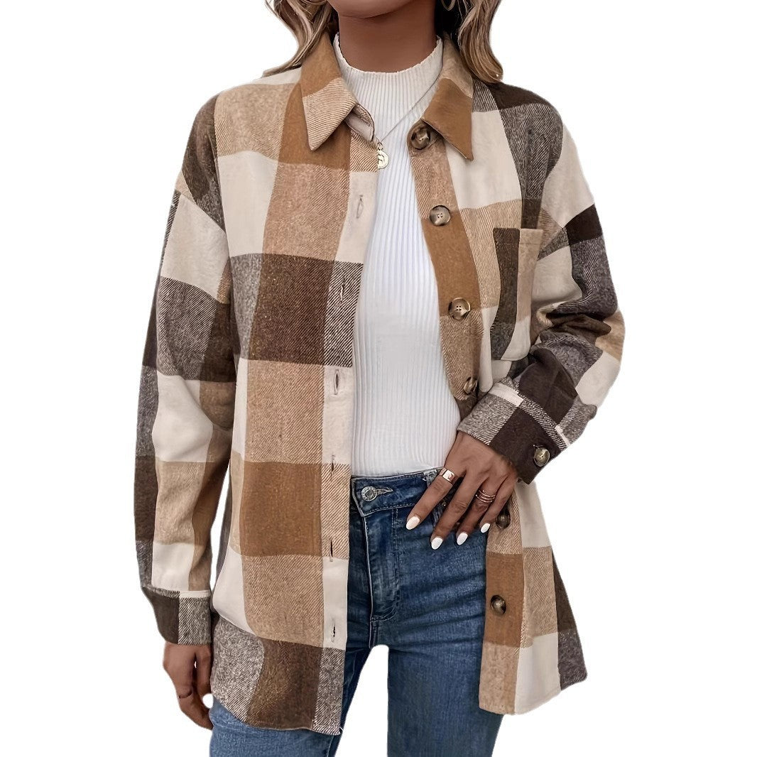 Women's Brushed Plaid Shacket - Camel Button-Up Long Sleeve Shirt Jacket
