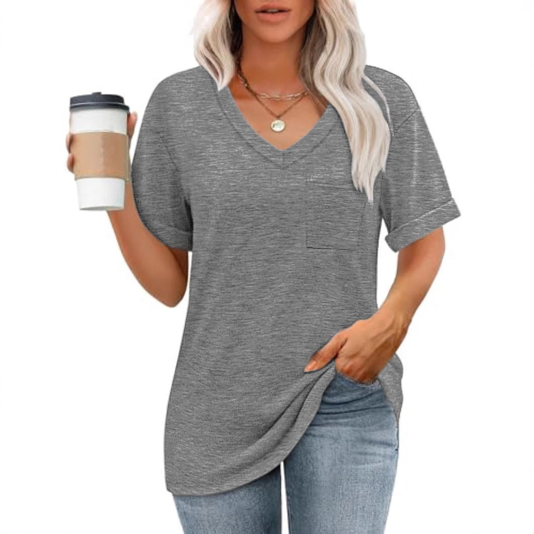 Casual V-Neck Pocket Tee - Loose Fit Short Sleeve T-Shirt