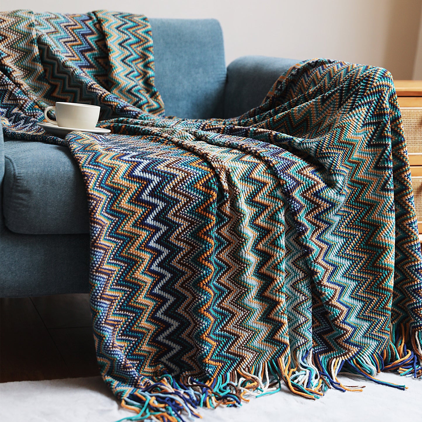 Bohemian Chevron Woven Blanket - Nordic Fringe Throw for Sofa or Bed