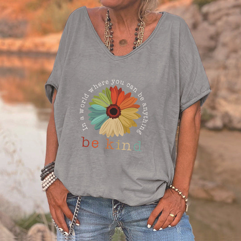 "Be Kind" Flower Graphic V-Neck T-Shirt - Loose Fit Casual Top