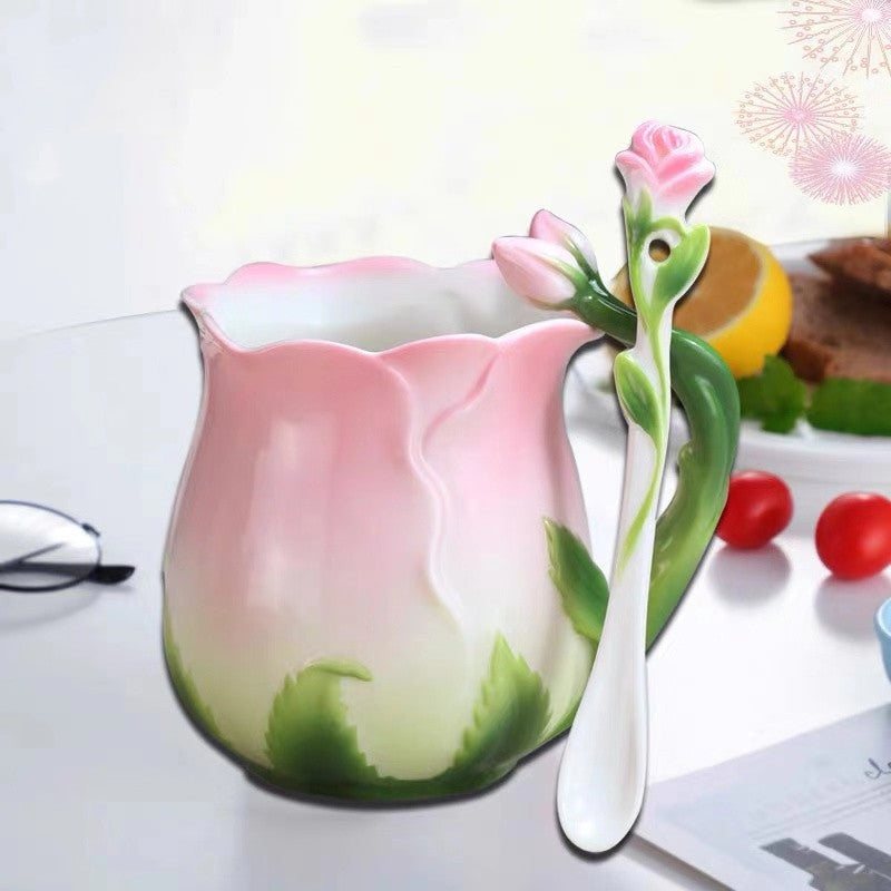 Flower Shaped Porcelain Coffee Mug - Enamel Rose Tea Cup with Spoon