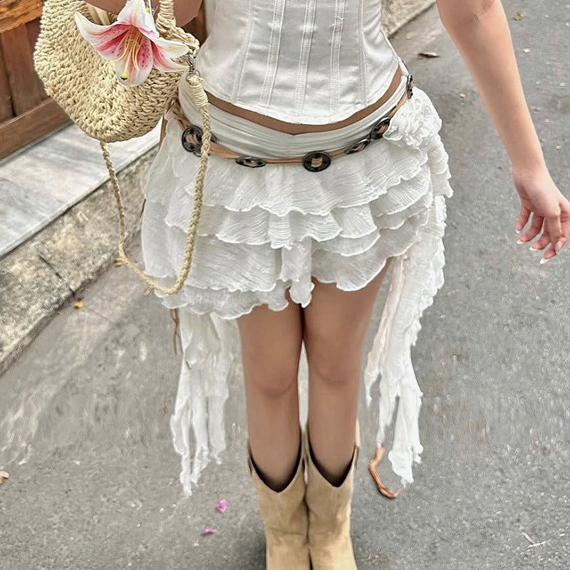 Boho Ruffle Lace High-Low Skirt - White Layered Mini with Sheer Train