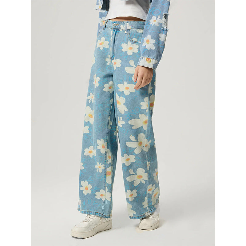 Vintage Daisy Flower Print Straight-Leg Jeans for Women